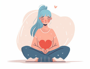 A illustration of a girl with a heart in her hands, meditating.